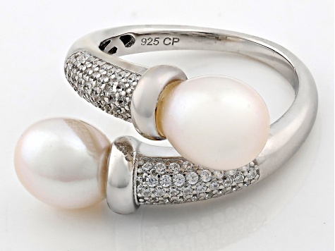 White Cultured Freshwater Pearl and White Cubic Zirconia Rhodium Over Sterling Silver Ring