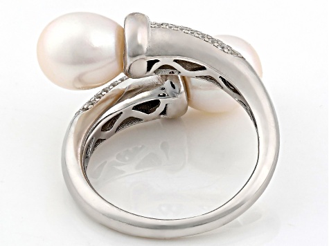 White Cultured Freshwater Pearl and White Cubic Zirconia Rhodium Over Sterling Silver Ring