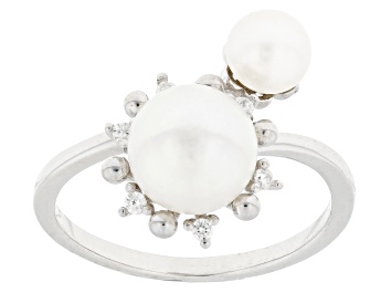 Picture of White Cultured Freshwater Pearl and Cubic Zirconia Rhodium Over Sterling Silver Ring