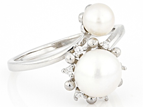 White Cultured Freshwater Pearl and Cubic Zirconia Rhodium Over Sterling Silver Ring