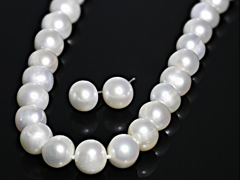 White Cultured Freshwater Pearl Rhodium Over Sterling Silver Necklace And Earring Set