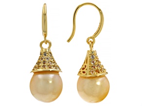 Golden Cultured South Sea Pearl and White Topaz Accent 18k Yellow Gold Over Sterling Silver Earrings