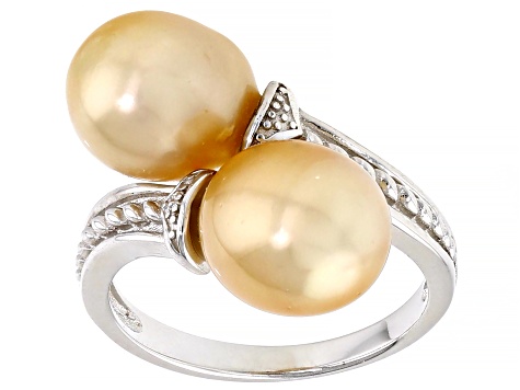 Golden Cultured South Sea Pearl Rhodium Over Sterling Silver Ring