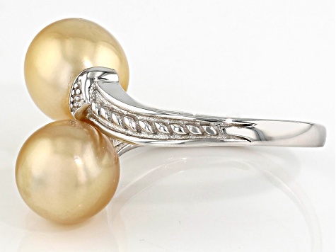 Golden Cultured South Sea Pearl Rhodium Over Sterling Silver Ring