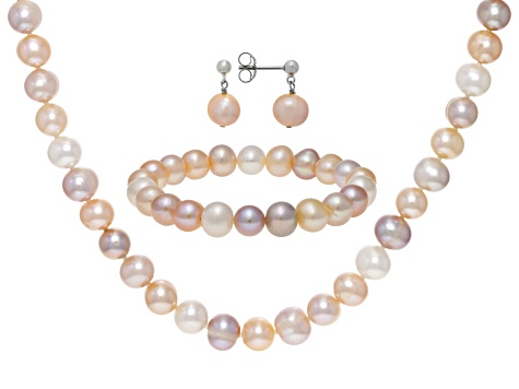 Multi-Color Cultured Freshwater Pearl Rhodium Over Sterling Necklace Bracelet Earrings Set