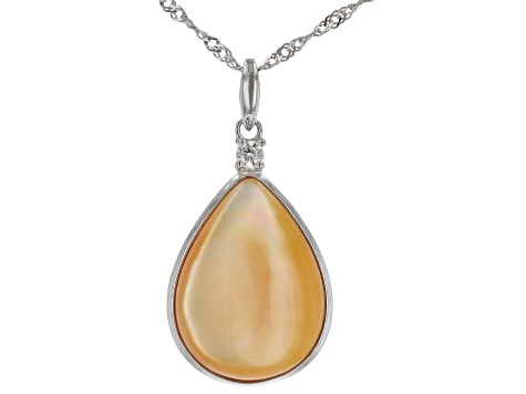 Golden South Sea Mother-of-Pearl and White Zircon Accent Rhodium Over Silver Pendant with Chain