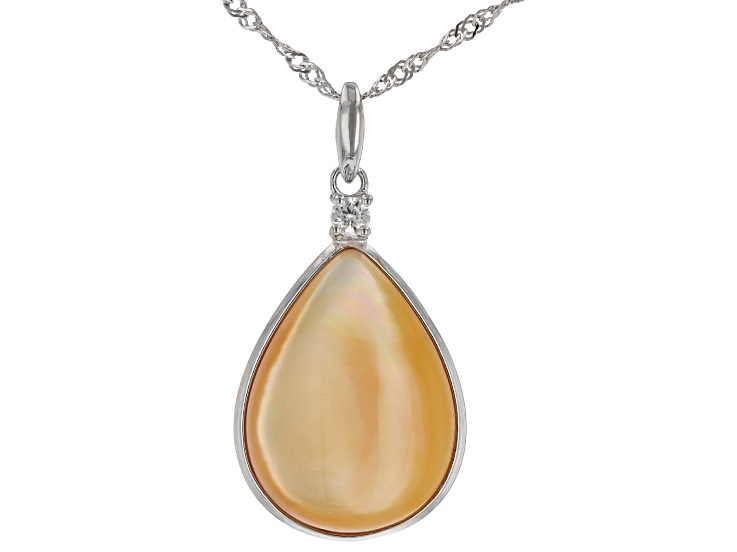 Golden South Sea Mother-of-Pearl and White Zircon Accent Rhodium 