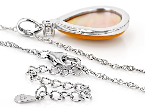 Golden South Sea Mother-of-Pearl and White Zircon Accent Rhodium Over Silver Pendant with Chain