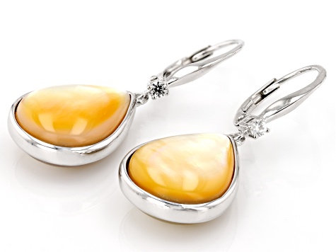Golden South Sea Mother-of-Pearl with White Zircon Accent Rhodium Over Sterling Silver Earrings