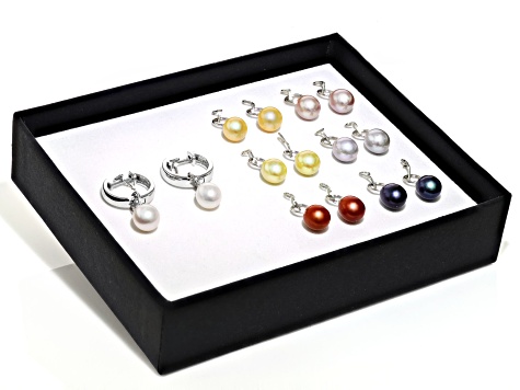 Multi Color Cultured Freshwater Pearl Rhodium Over Sterling Silver Earring Set