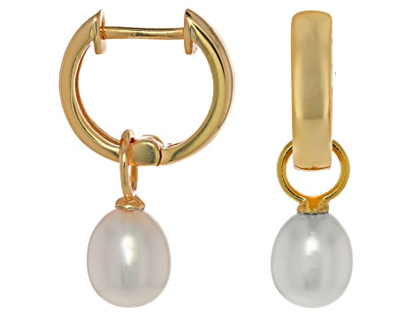 18K Gold on Sterling Silver 8mm Button Freshwater Pearl Drop Hook Earrings