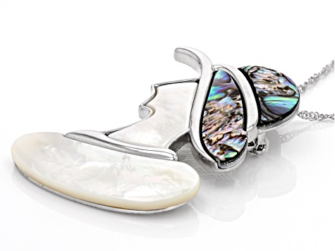 White Mother-of-Pearl and Abalone Shell Rhodium Over Sterling Silver Pendant Brooch with Chain
