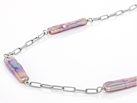 Multi-Color Cultured Freshwater Pearl Rhodium Over Sterling Silver Station Necklace