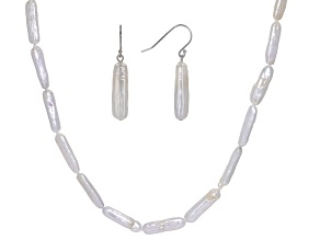 White Cultured Freshwater Pearl Rhodium Over Sterling Silver Necklace And Earring Set