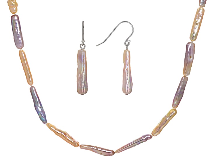 Multi Color Cultured Freshwater Pearl Rhodium Over Sterling Silver Necklace And Earring Set
