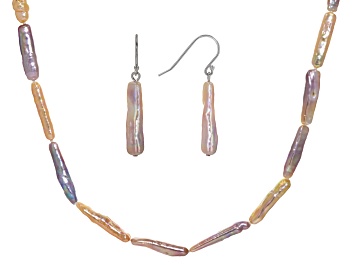 Picture of Multi Color Cultured Freshwater Pearl Rhodium Over Sterling Silver Necklace And Earring Set