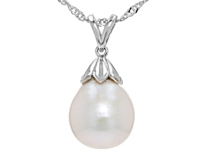 White Cultured Freshwater Pearl Rhodium Over Sterling Silver Pendant And Chain