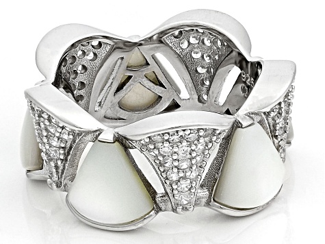 White Cultured Mother Of Pearl Cubic Zirconia Accents Rhodium Over Sterling Ring