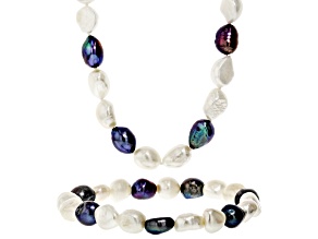 Multi Color Cultured Freshwater Pearl Rhodium Over Sterling Necklace Bracelet Set