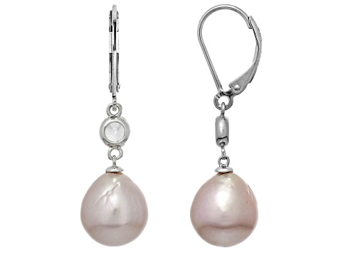 Genusis™ Lavender Cultured Freshwater Pearl and Cubic Zirconia Rhodium Over Sterling Silver Earrings