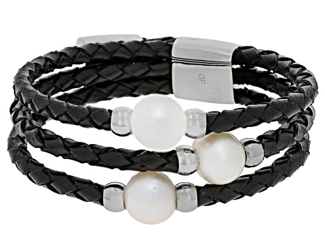 White Cultured Freshwater Pearl Imitation Leather And Silver Tone Wrap Bracelet