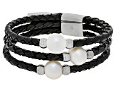 White Cultured Freshwater Pearl Imitation Leather And Silver Tone Wrap Bracelet