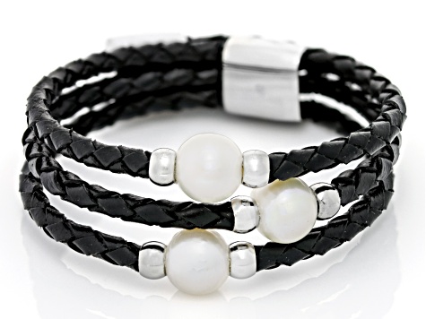 White Cultured Freshwater Pearl Imitation Leather And Silver Tone Wrap Bracelet