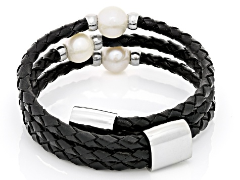White Cultured Freshwater Pearl Imitation Leather And Silver Tone Wrap Bracelet