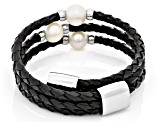 White Cultured Freshwater Pearl Imitation Leather And Silver Tone Wrap Bracelet