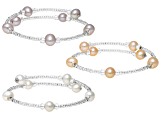 Light Multi-Color Cultured Freshwater Pearl And Glass Bead Sterling Silver Bangle Set