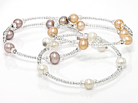 Light Multi-Color Cultured Freshwater Pearl And Glass Bead Sterling Silver Bangle Set