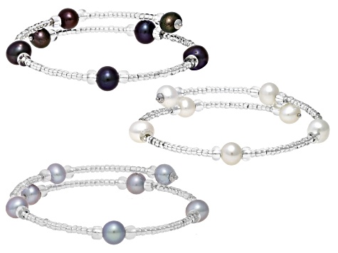 Multi-Color Cultured Freshwater Pearl And Glass Bead Sterling Silver Bangle Set