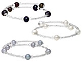 Multi-Color Cultured Freshwater Pearl And Glass Bead Sterling Silver Bangle Set