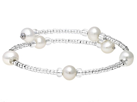Multi-Color Cultured Freshwater Pearl And Glass Bead Sterling Silver Bangle Set