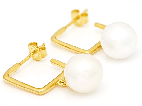 White Cultured Freshwater Pearl 18k Yellow Gold Over Sterling Silver Earrings