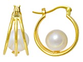 White Cultured Freshwater Pearl 18k Yellow Gold Over Sterling Silver Earrings