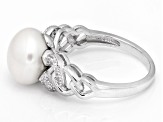 White Cultured Freshwater Pearl and White Zircon Accents Rhodium Over Sterling Silver Ring