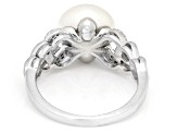 White Cultured Freshwater Pearl and White Zircon Accents Rhodium Over Sterling Silver Ring