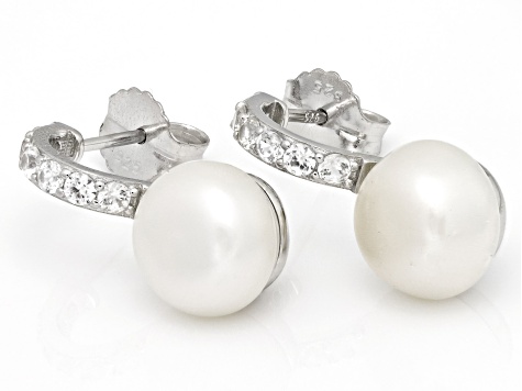 White Cultured Freshwater Pearl and White Zircon Accents Rhodium Over Sterling Silver Earrings