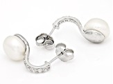 White Cultured Freshwater Pearl and White Zircon Accents Rhodium Over Sterling Silver Earrings