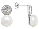 White Cultured Freshwater Pearl and White Topaz Rhodium Over Sterling Silver Earrings