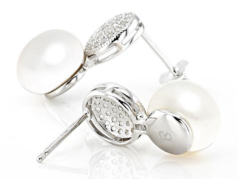 White Cultured Freshwater Pearl and White Topaz Rhodium Over Sterling Silver Earrings