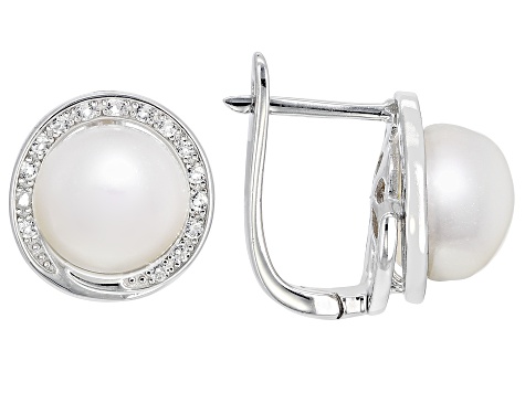 White Cultured Freshwater Pearl and White Topaz Accents Rhodium Over Sterling Silver Earrings