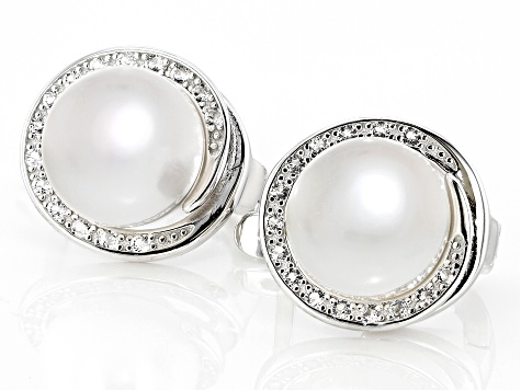 White Cultured Freshwater Pearl and White Topaz Accents Rhodium Over Sterling Silver Earrings
