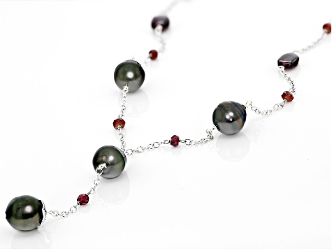 Black Cultured Tahitian Pearl and Garnet Rhodium Over Sterling Silver Station Necklace