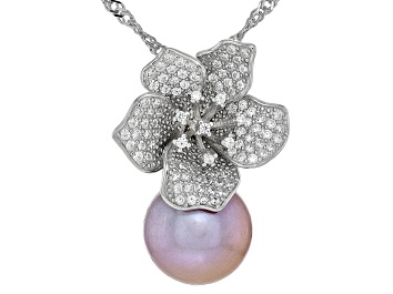 Picture of Genusis™ 11mm Pink Cultured Freshwater Pearl & Cubic Zirconia Rhodium Over Silver Pendant with Chain