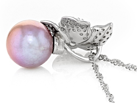 Genusis™ 11mm Pink Cultured Freshwater Pearl & Cubic Zirconia Rhodium Over Silver Pendant with Chain