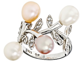 Multi-Color Cultured Freshwater Pearl and Cubic Zirconia Rhodium Over Sterling Silver Ring