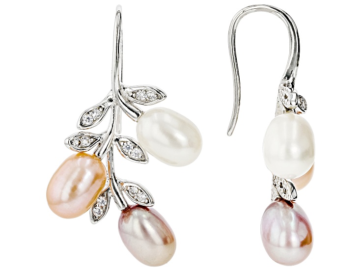 Multi-Color Cultured Freshwater Pearl & Cubic Zirconia Rhodium Over Sterling Silver Earrings