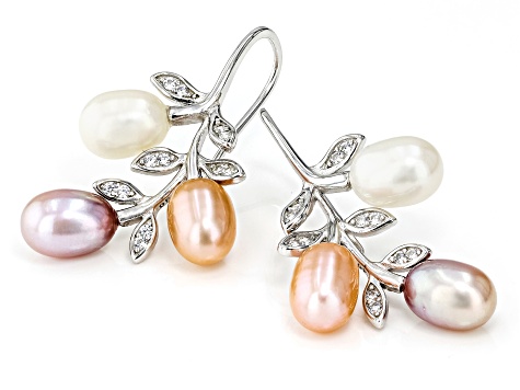 Multi-Color Cultured Freshwater Pearl & Cubic Zirconia Rhodium Over Sterling Earrings